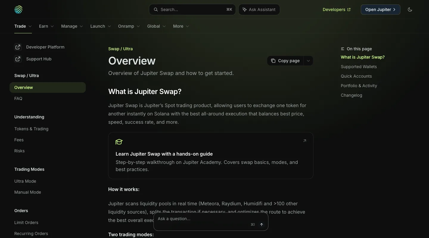 Jupiter Swap documentation describing routing, supported wallets, and trading modes