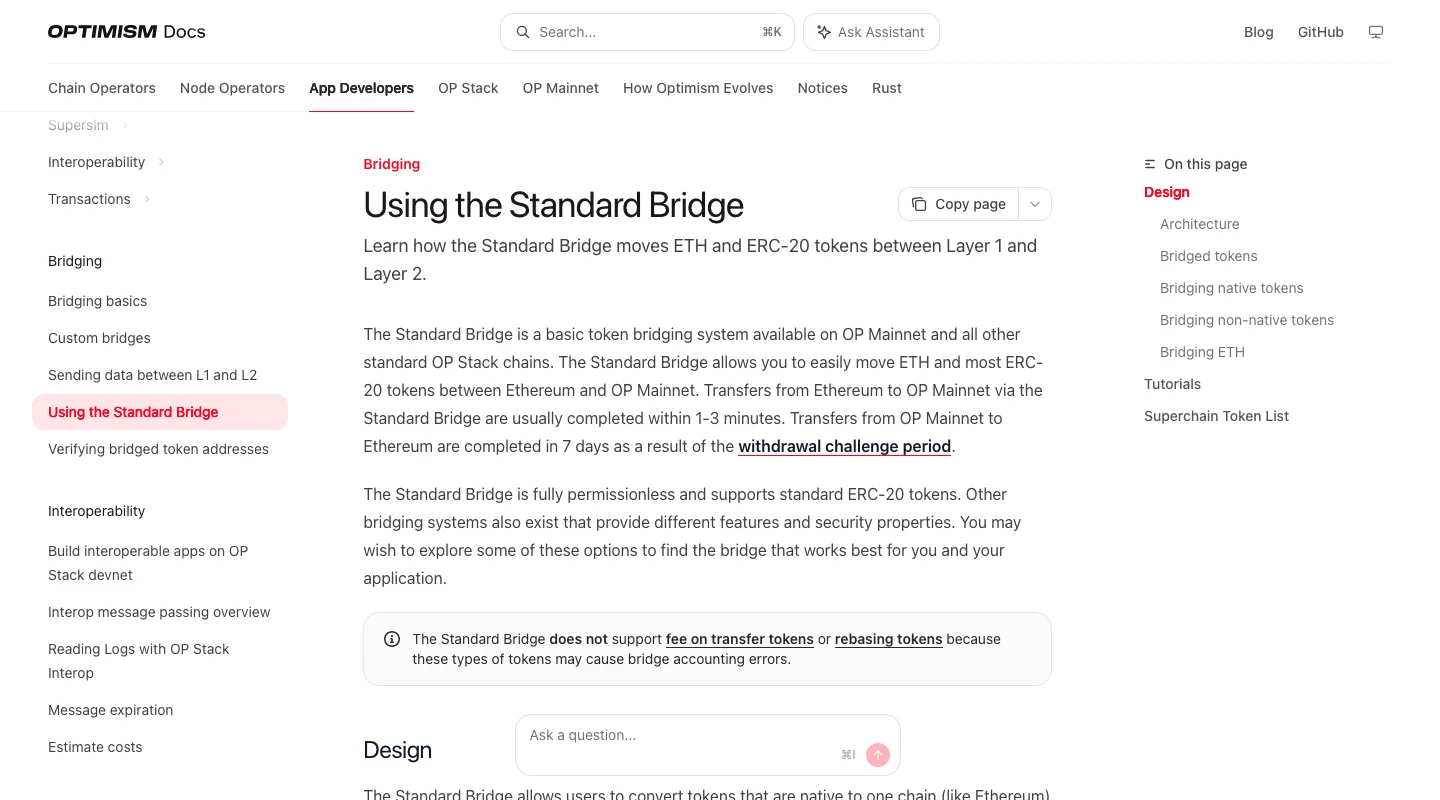 Optimism Standard Bridge documentation describing L1-to-L2 and L2-to-L1 timing