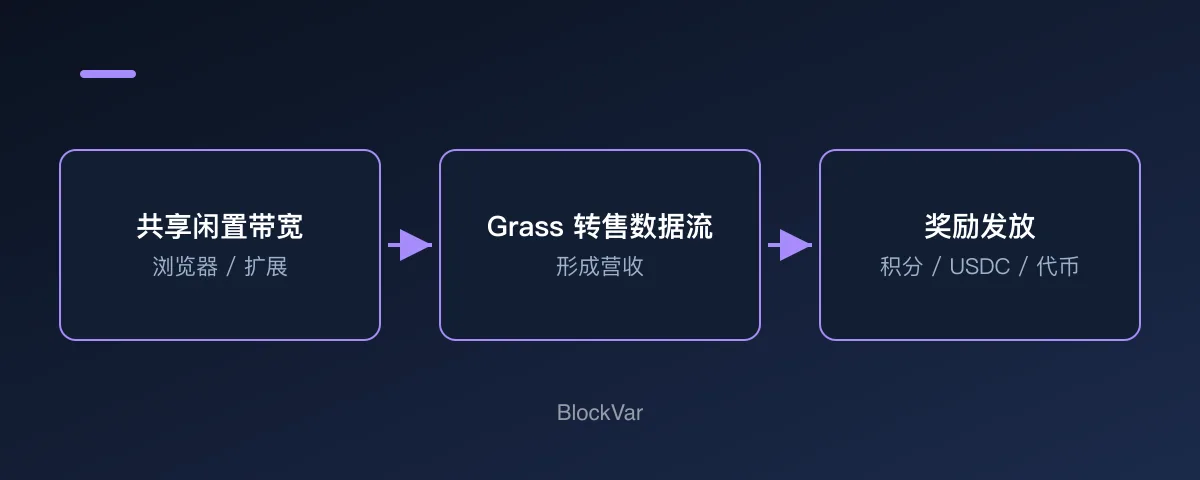 Grass 带宽贡献、数据服务收入与奖励分配示意图
